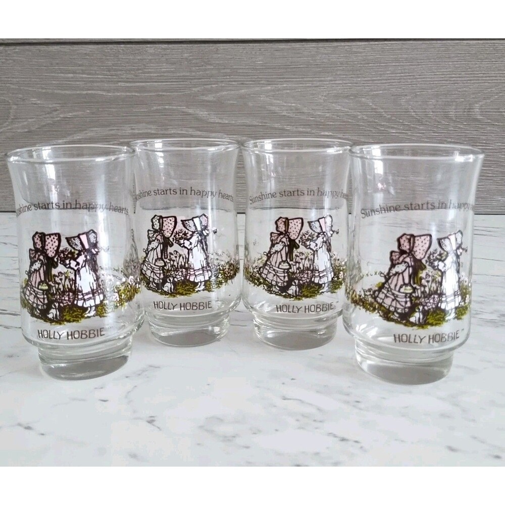 Vintage Holly Hobbie Sunshine Starts In Happy Hearts Juice Glasses Set Four 1980